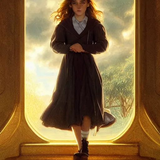 Image similar to painting. [ young ] emma watson as hermione granger 2 0 0 4. prisoner of azkaban. cheerful. happy. art by artgerm and greg rutkowski and alphonse mucha. during golden hour. extremely detailed. beautiful. 4 k. award winning.