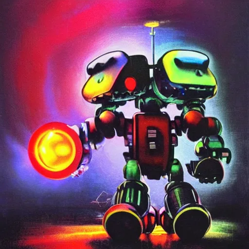 Image similar to a dark and colorful close - up of a sci - fi mecha supermario robot with led lights glowing fog in the background. highly detailed science fiction painting by norman rockwell, frank frazetta, and syd mead. rich colors, high contrast, gloomy atmosphere, dark background. trending on artstation