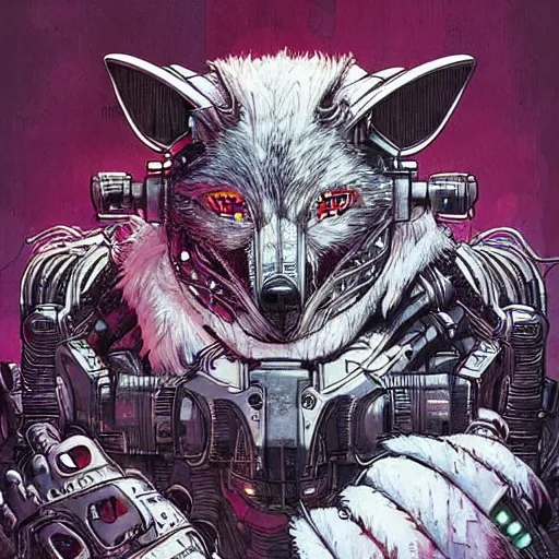 Image similar to portrait of a cybernetic werewolf warrior with white fur and power armor, cyberpunk concept art by josan gonzales and moebius and enki bilal and and dan mumford and jean claude meziere and philippe druilleg