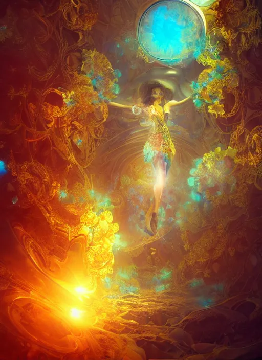 Image similar to flowers within the whole infinite capsule apparent with awe the apparition, an idea seep's into infinity highly detailed in volumetric latent space, golden turquoise steampunk, high contrast cinematic light, mystical shadows, sharp focus, divine realm of gods, octane render, artist by boris vallejo,