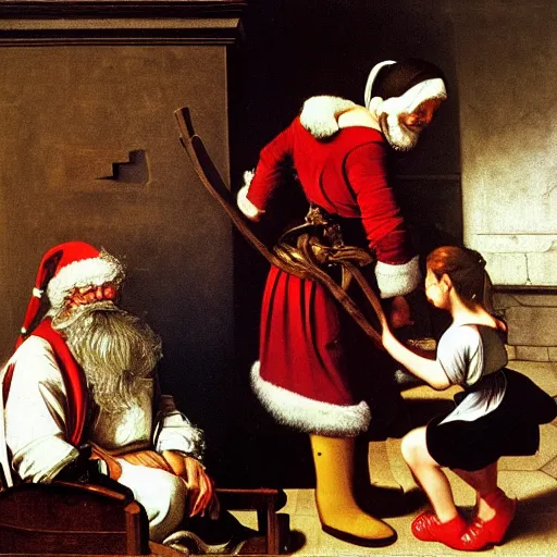 Prompt: Father Christmas giving gold coins to disabled girl Painted by Caravaggio