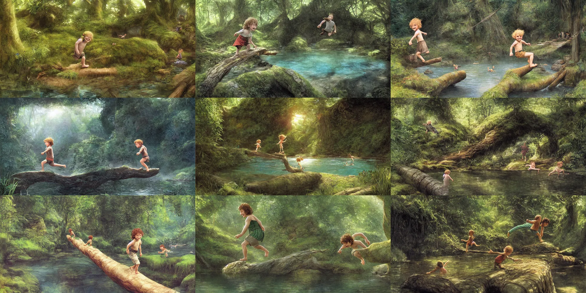 Prompt: a smiling hobbit child running up a log to leap into a crystal clear swimming hole, another hobbit child swims below, by alan lee, dark forest background, sunlight filtering through the trees, digital art, art station.