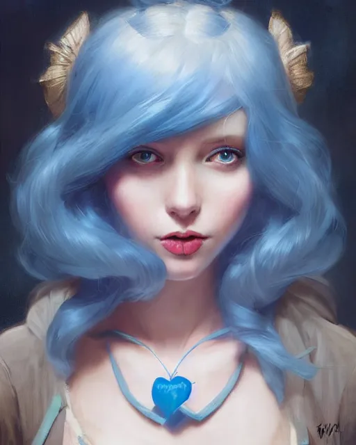 Image similar to symmetrical portrait of a pretty girl with blue hair dressed as alice in wonderland, digital painting, 8 k, concept art, art by wlop, artgerm, greg rutkowski and alphonse mucha