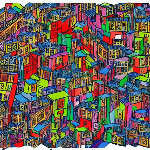 Image similar to a chinese prison, in the style of daniel johnston and outsider art, 8 k, line brush, minimal, brightly coloured, flat blocks of color, overlaid with chinese adverts