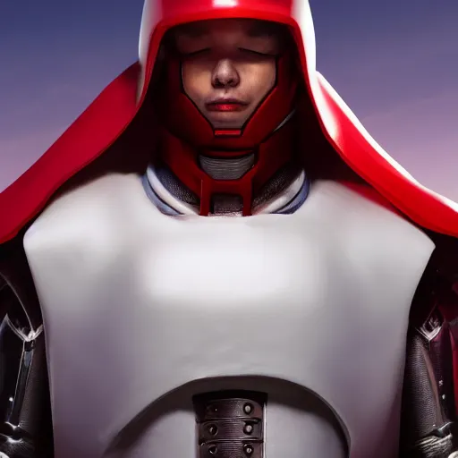 Image similar to headshot of a tall athletic muscular infantry man in glossy sleek white armor with tiny red details and a long red cape, heroic posture, strong jawline, on the surface of mars, night time, dramatic lighting, cinematic, sci-fi, hyperrealistic