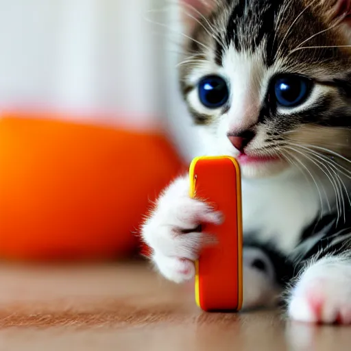 Image similar to cute kitten playing on mobile phone, orange and white