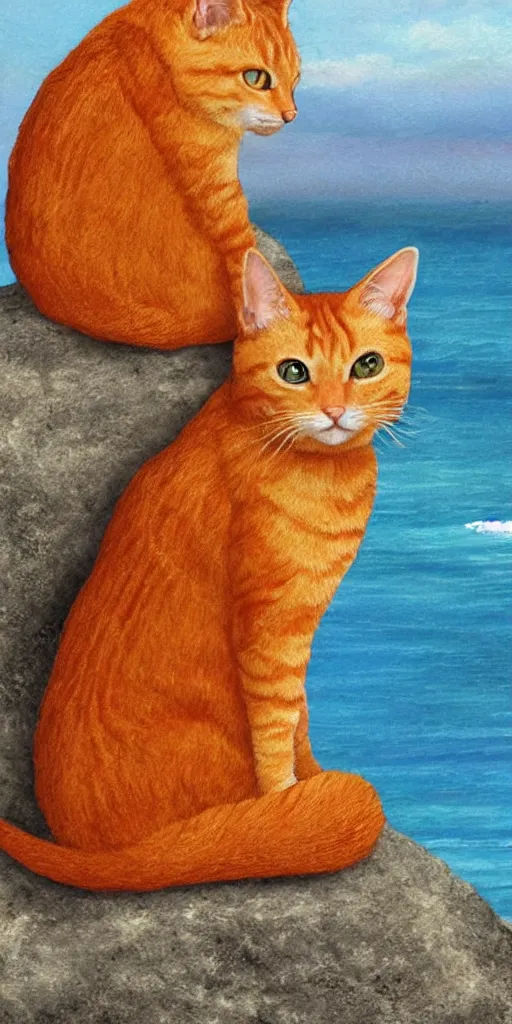 Image similar to orange tabby cat sitting on a rock looking over the ocean, tarot card