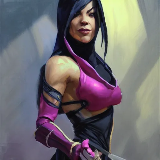 Image similar to greg manchess portrait painting of mileena from mortal kombat wearing a halfmask covering her mouth as overwatch character, medium shot, asymmetrical, profile picture, organic painting, sunny day, matte painting, bold shapes, hard edges, street art, trending on artstation, by huang guangjian and gil elvgren and sachin teng