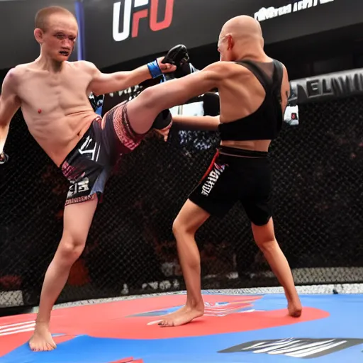 Prompt: vitalik buterin and changpeng zhao fighting in a ufc cage