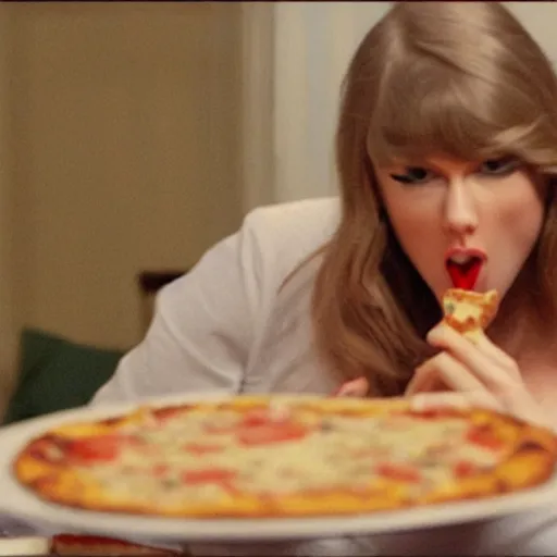 Image similar to film still of feedee Taylor Swift eating an entire pizza by herself with her big bloated belly on display