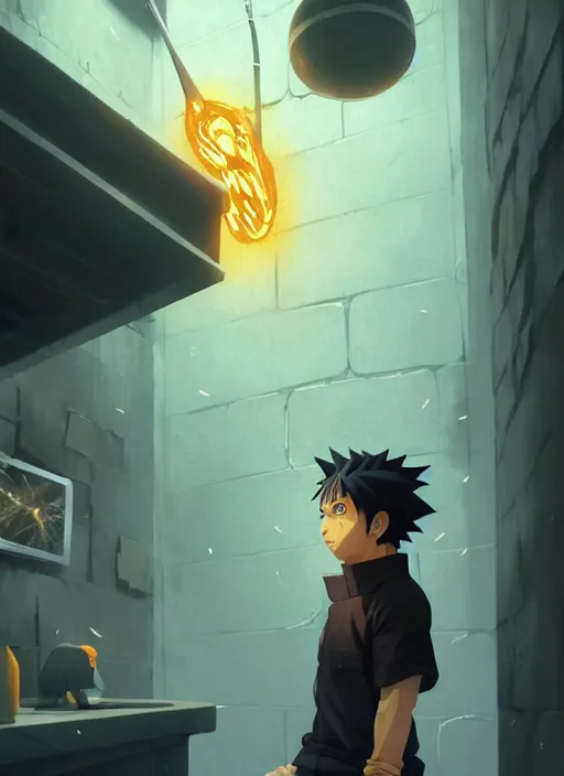 Image similar to highly detailed prison cell with naruto uzumaki with black hair, punching a wall, art by greg rutkowski, loish, rhads, ferdinand knab, makoto shinkai and lois van baarle, ilya kuvshinov, rossdraws, tom bagshaw, global illumination, radiant light, detailed and intricate environment