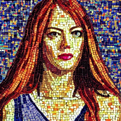 Prompt: greek mosaic made of colorful pebbles depicting emma stone, significant boundaries of the pebbles, vibrant and matching colors, monocolor mosaics, no reflection, red hair, emma stone, zeugma mosaics style, sexy hot body, lovely and symmetrical face, most beautiful and colorful mosaic in the history