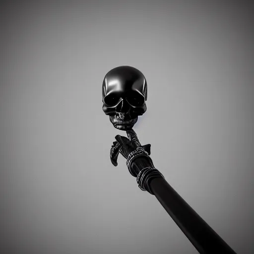 Prompt: a black sword skull handle, ornament, on a gray background, a 3 d render by dom qwek, studio lighting, raytracing, trending on polycount, futurism, hard surface modeling, rendered in maya, 3 ss max, blender, artstation hd