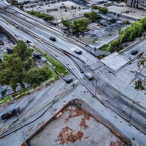 Image similar to hyperrealistic, hyper detailed, aerial photography, potholes, downtown, a number of cars, dust, humus, brown lighting, wet street, graffiti on wall, trash scattered everywhere, abandoned car garage, 8 k, uhd, after rain, cinematic lighting, incrinate, wet after rain