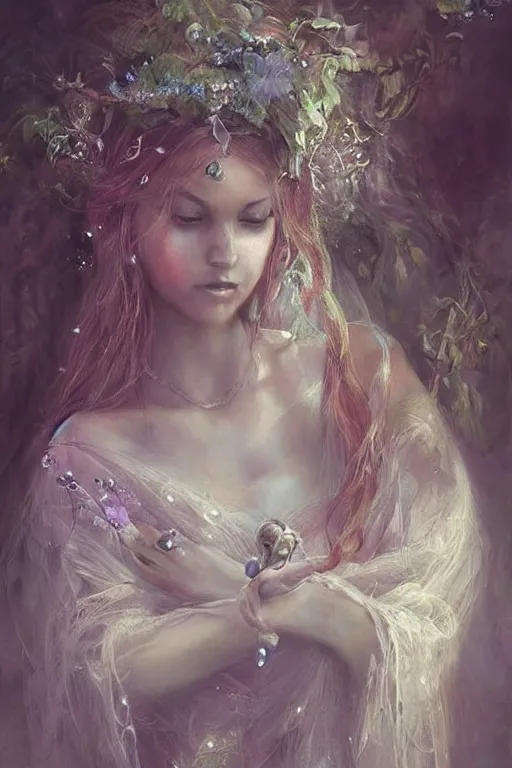 Image similar to portrait of beautiful fairy women clothed in beads and lace, by mandy jurgens, gorgeous, elegant