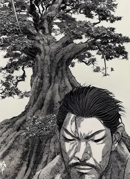 a samurai resting beneath a giant tree, by takehiko | Stable Diffusion ...