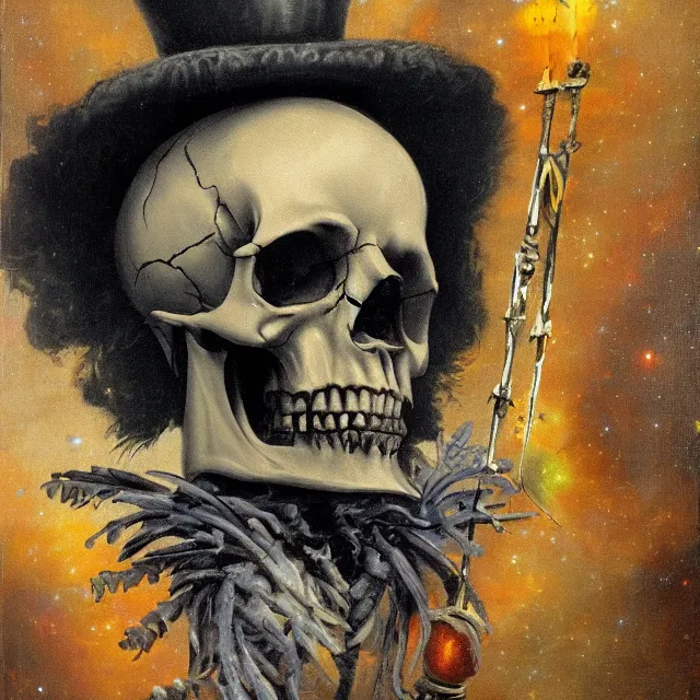 Image similar to grim-hatter, skull cane, voodoo ritual gear, matte painting art from goya and pirner, cursed oil painting, cosmic nebula color tones