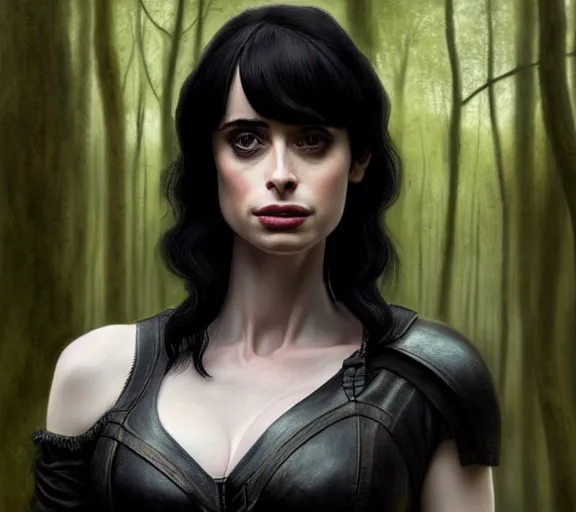 Image similar to 5 5 mm close up portrait photo of krysten ritter as yennefer of vengerberg in black leather armor and black hair, in a forest. magical atmosphere. art by greg rutkowski. lifelike. very detailed 8 k. intricate. soft light. nikon d 8 5 0.