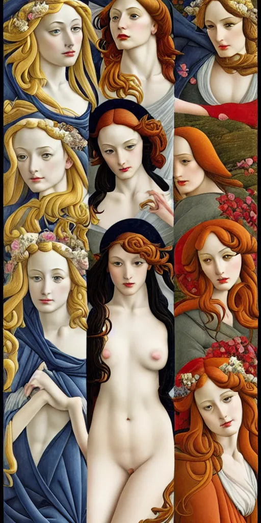 Image similar to the 12 months of the year as 12 figures, (3 are Winter, 3 are Spring, 3 are Summer and 3 are Autumn), in a mixed style of Botticelli and Æon Flux!, inspired by pre-raphaelite paintings, and shoujo manga, stunningly detailed, fine inking lines, flat colors, 4K photorealistic