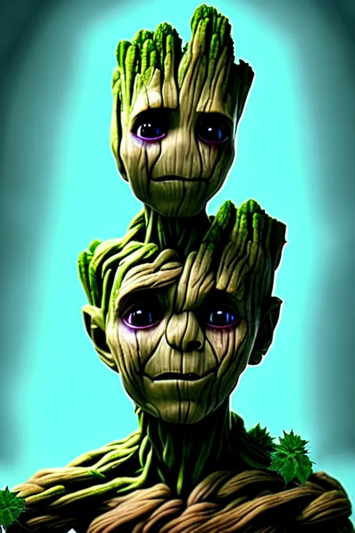 Image similar to duotone concept illustration 3 / 4 portrait of kid face consisting of marijuana, baby groot, cannabis!, high quality 3 d render very cute cyborg groot! incorporated speakers!, cyberpunk highly detailed, unreal engine cinematic smooth, in the style of blade runner & detective pikachu, hannah yata charlie immer, moody light, low angle, uhd 8 k, sharp focus