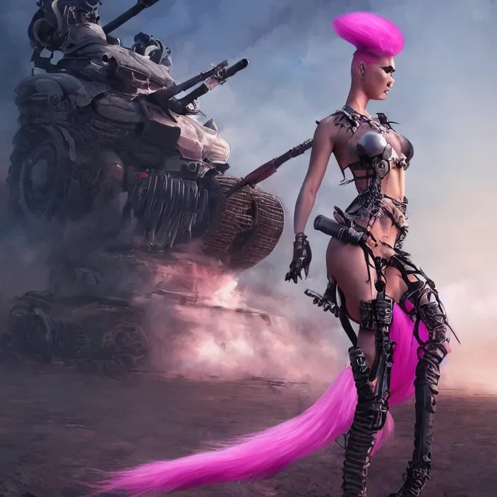 Image similar to beautiful apocalyptic woman with pink Mohawk, standing on mad max panzer tank, epic, smooth, sharp focus, 4k ultra hd, fantasy dark art, tank girl, artgerm, artstation, octane render, elegant, detailed digital painting