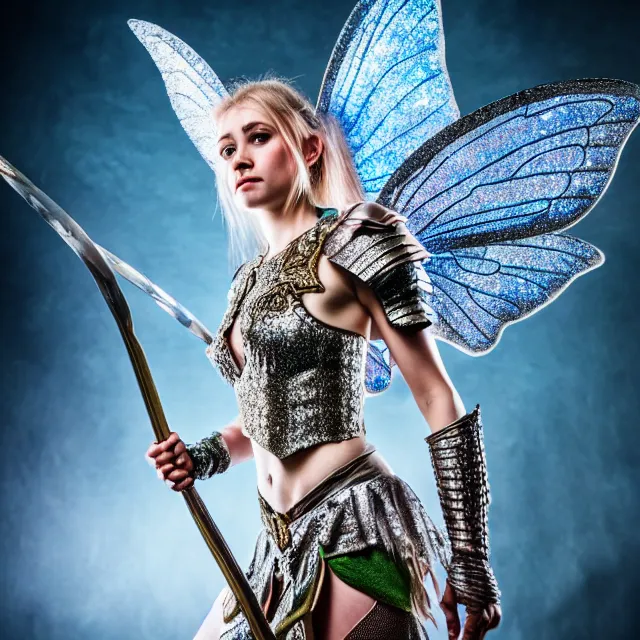 Image similar to full length photo of a fairy warrior wearing sparkly armour, highly detailed, 4 k, hdr, smooth, sharp focus, high resolution, award - winning photo