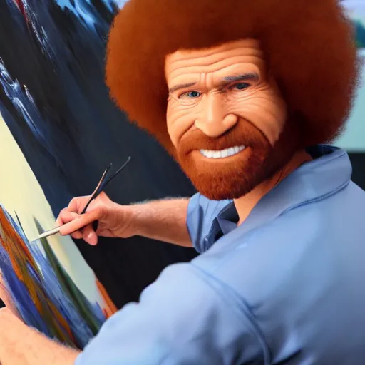 Image similar to a closeup photorealistic photograph of bob ross working on a canvas painting of spiderman. film still. brightly lit scene. mountains and trees. this 4 k hd image is trending on artstation, featured on behance, well - rendered, extra crisp, features intricate detail, epic composition and the style of unreal engine.