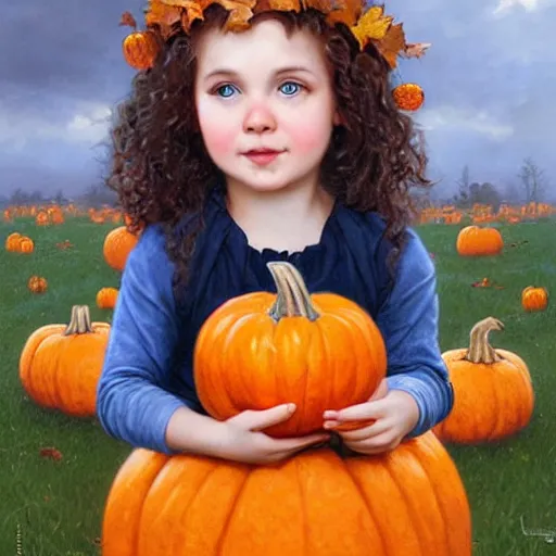 Image similar to a cute little girl with light brown wavy curly hair and blue eyes sitting amidst piles of pumpkins. beautiful cute highly detailed face. she is wearing a crown of autumn leaves. autumn and fall and halloween themed painting by artgerm and greg rutkowski and bouguereau.