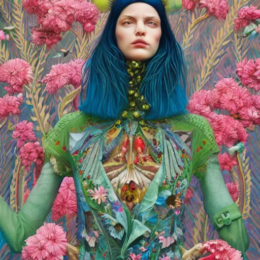 Image similar to pretty model with botanical and birds : : by martine johanna and simon stalenhag and chie yoshii and casey weldon and wlop : : ornate, dynamic, particulate, rich colors, intricate, elegant, highly detailed, vogue, harper's bazaar art, fashion magazine, smooth, sharp focus, 8 k, octane render