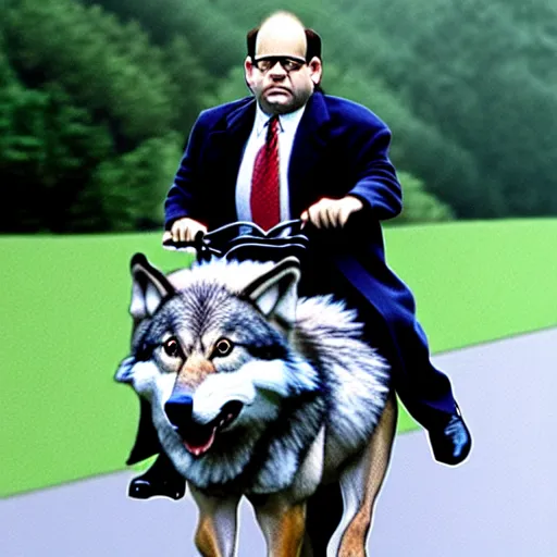 Image similar to George Costanza (from Seinfeld) riding a wolf