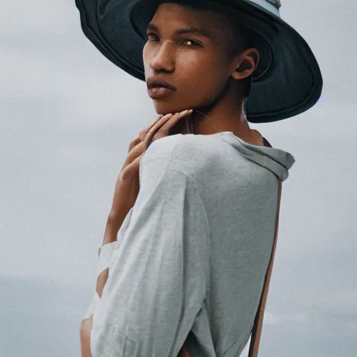 Image similar to realistic photoshooting for a new arcteryx lookbook, color film photography, portrait of a beautiful woman, model is wearing a bucket hat, photo in style of tyler mitchell, 3 5 mm,