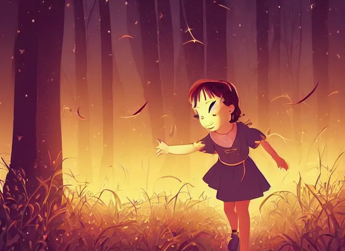 Image similar to little girl with short wavy curly light brown hair chasing fireflies in the woods. clean cel shaded vector art. shutterstock. behance hd by lois van baarle, artgerm, helen huang, by makoto shinkai and ilya kuvshinov, rossdraws, illustration, art by ilya kuvshinov