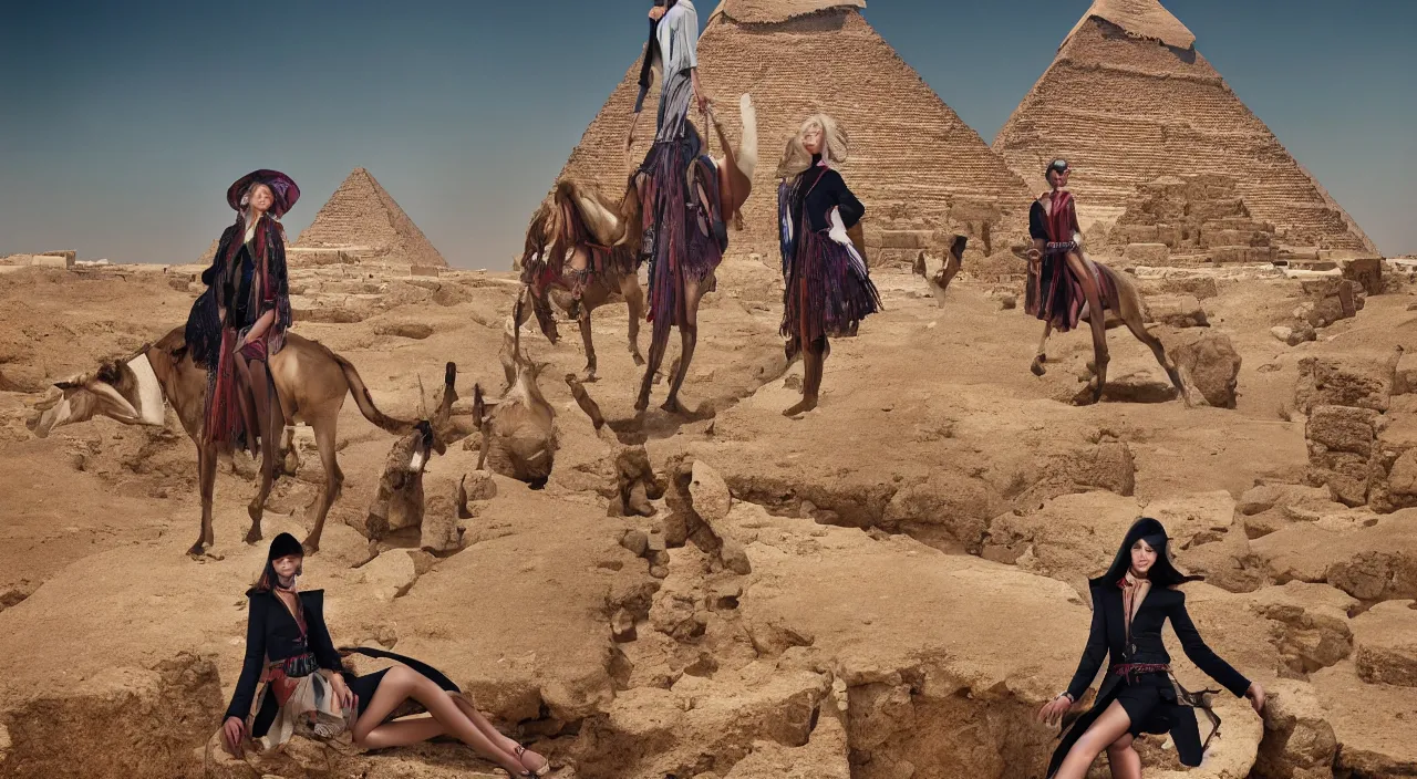 Image similar to fashion editorial portrait by jimmy nelson. on top of the pyramids. in egypt