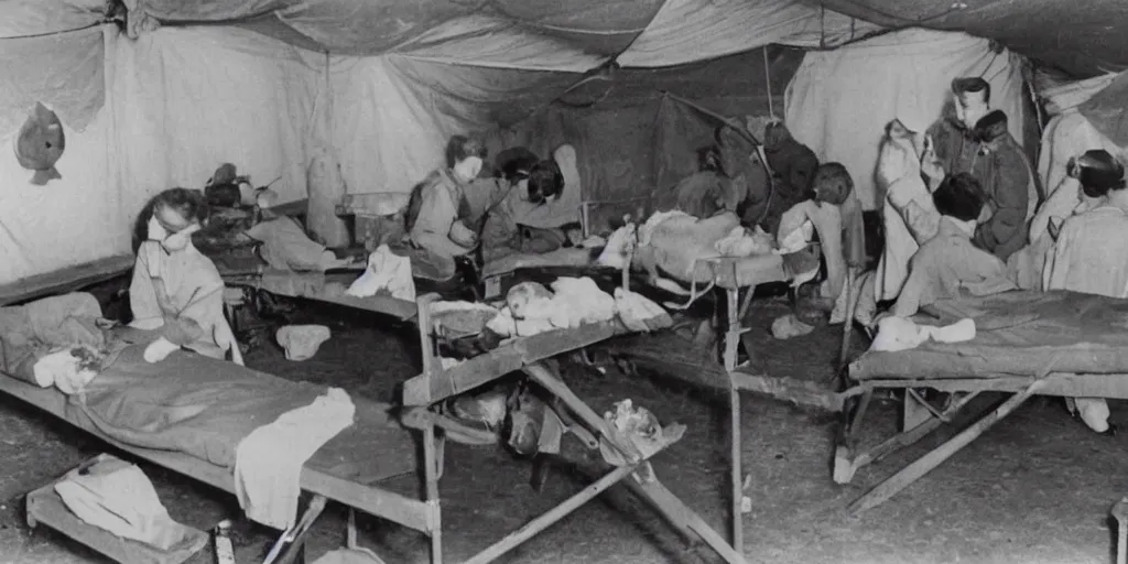 Image similar to photograph of hamsters in a ww 2 field hospital being treated by medic hamsters, detailed