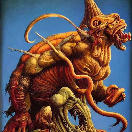 Prompt: a gnome fleeing a manticore, fluid, smooth, organic, crazy, bright, colours, tumours, high contrast, sharpness, dramatic, very detailed, intricate, by giger and corben and moebius and beksinski and bosch and bacon