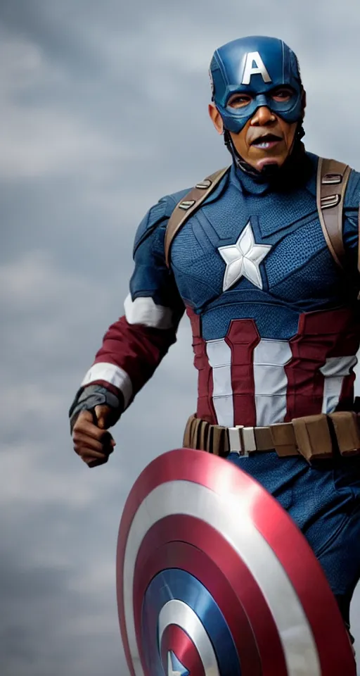 Image similar to Obama as Captain America in the Avengers, final epic scene, closeup still