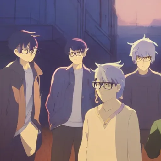 Prompt: four men with their faces hidden standing next to each other, they all wear glasses and each one holds up a very large rough yellow crystal in his hand, twilight, dusk, poster art by makoto shinkai, featured on pixiv, environmental art, official art, anime, movie poster