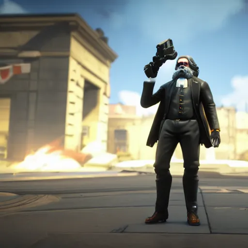 Image similar to karl marx is the newest overwatch character, octane render, blender render, unreal engine, action shot, cinematic lighting