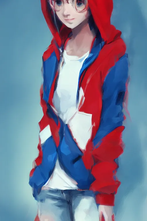 Prompt: a girl wearing a red and blue hoodie, artstation