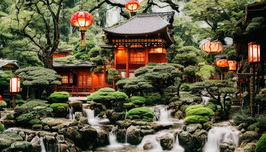 Prompt: A secret dreamy Japanese Victorian style cozy cabin cafe neighborhood city behind a waterfall with many glowing lanterns and ornate creative decorations by Gucci, lush plants and bonsai trees, fashionable people walking around, mossy rocks, bookshelves, floating koi fish, hazy, magical feeling vibes, hidden tiny houses, style by Wes Anderson and James Jean