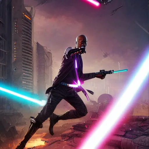 Image similar to mace windu holding a lightsaber fighting a group of pterodactyls in a destroyed cyberpunk city shooting lasers by greg rutkowski