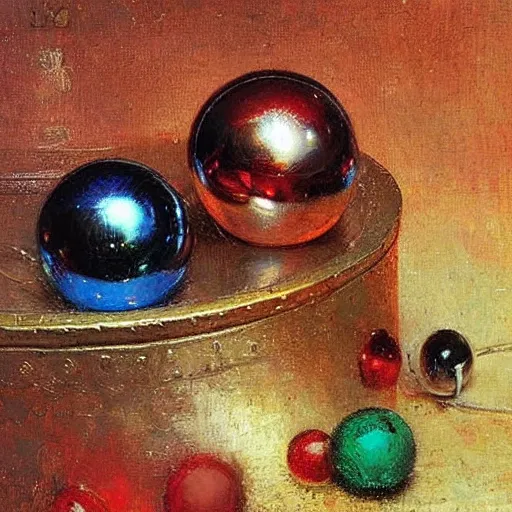 Prompt: chrome spheres on a red cube by gaston bussiere