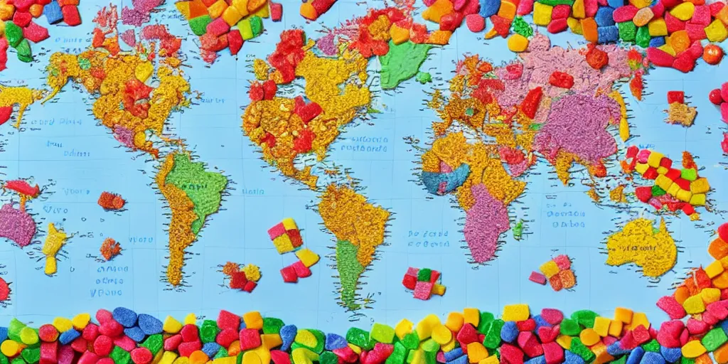 Image similar to a world map made out of candy pieces