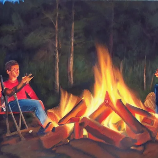 Prompt: sitting around a campfire, hyper realism