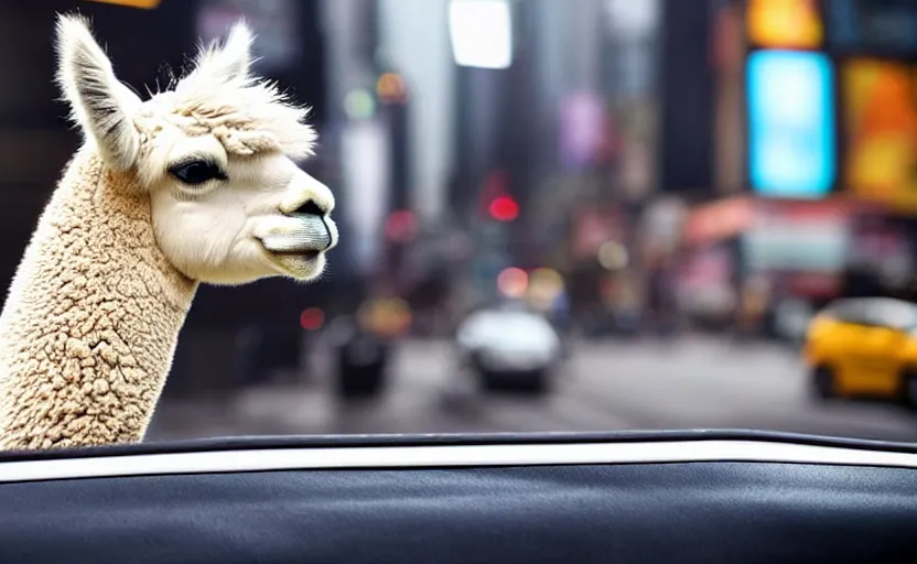 Image similar to a old photo of alpaca sitting in a car, looking out of the window and his hair is flying in the wind, riding through times square 8 k