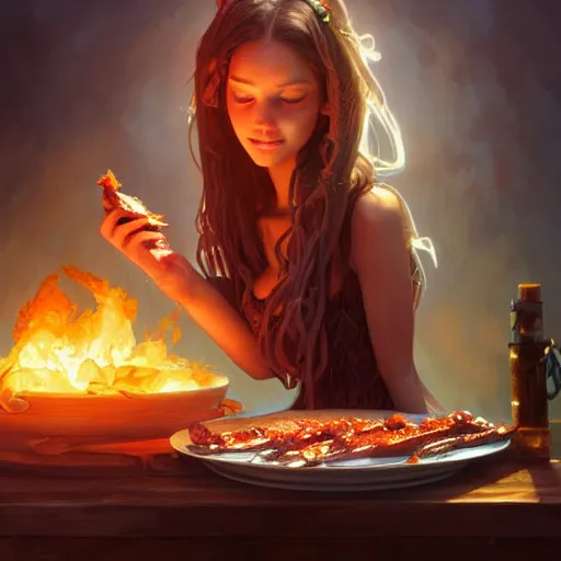 Prompt: Sasha Reid Eating BBQ Ribs, dripping BBQ Sauce, D&D, fantasy, intricate, elegant, highly detailed, digital painting, artstation, concept art, matte, sharp focus, illustration, hearthstone, art by Artgerm and Greg Rutkowski and Alphonse Mucha