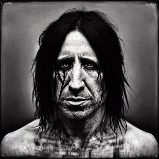 Image similar to portrait of trent reznor with long hair as a zombie by lee jeffries and michael hussar, award winning, sony a 7 r