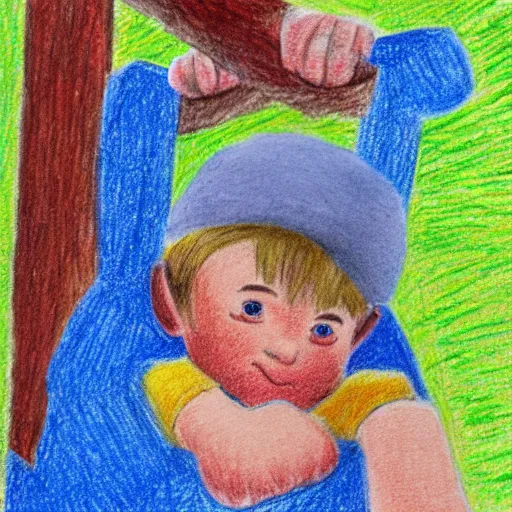 Prompt: children's illustration of a boy playing on a swing, coloured pencil
