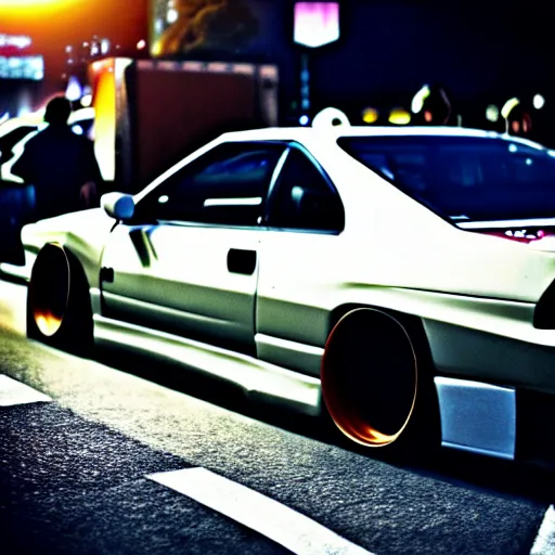 Prompt: a car Nissan Silvia at illegal car meet, Shibuya prefecture, city sunset, cinematic color, photorealistic, highly detailed