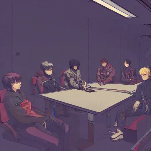 Prompt: a group of people sitting next to each other in a room, concept art by otomo katsuhiro, behance contest winner, retrofuturism, toonami, redshift, official art